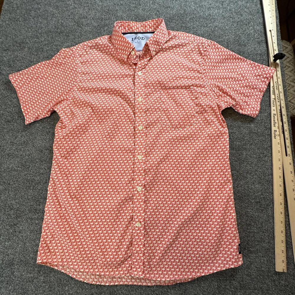 IZOD Mens Short Sleeve Button Up Flamingo Print Shirt Orange Size L 46